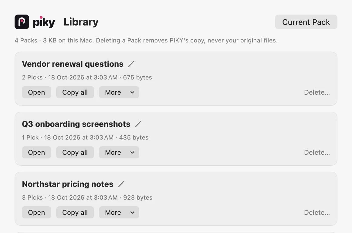 PIKY’s Library: saved Packs, each with its name, Pick count and date, a rename pencil, and Open, Copy all, More and Delete. The line above reads “Deleting a Pack removes PIKY's copy, never your original files.”