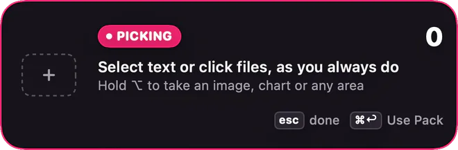 PIKY’s card: Picking. Select text or click files, as you always do.